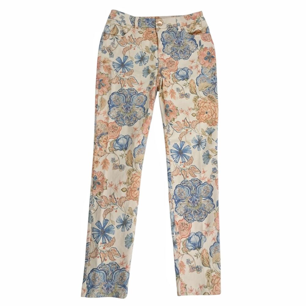 CHICOS Beige Floral Stretch Jean Size 0 (sz 6) Skinny Spring Summer Cottagecore